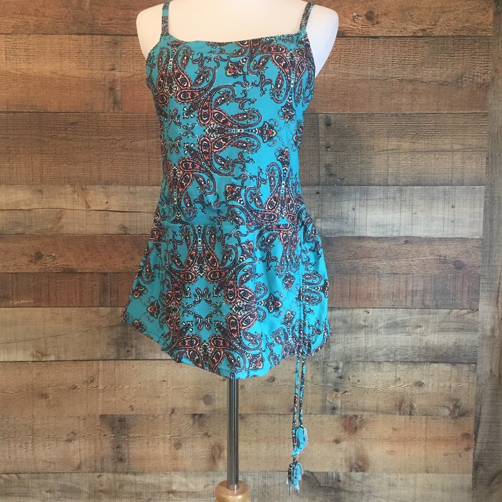 Turquoise Paisley Print Tankini Size L Asymmetric Ruched Side Top Bikini Bottom